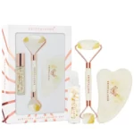CRYSTALLOVE Milky gintaro grožio rinkinys: pieno gintaro veido volelis + gintaro GUA SHA plokštelė + rutulinis buteliukas aliejams